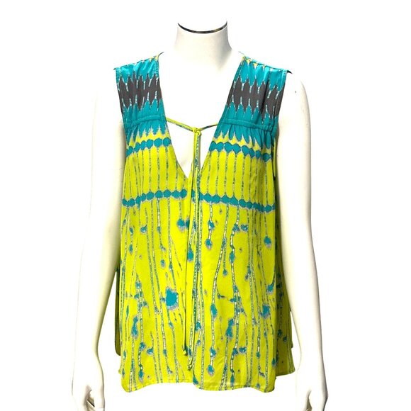 CCC Electric Lime Green Print Tank Tie Front Abstract Boho Blouse Summer Top - Picture 1 of 11